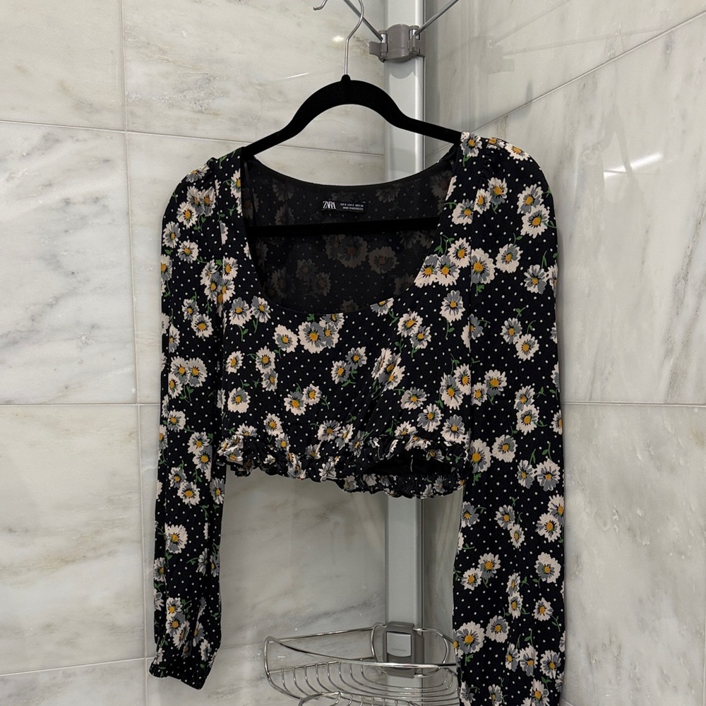 Zara Black and White Floral Crop Top